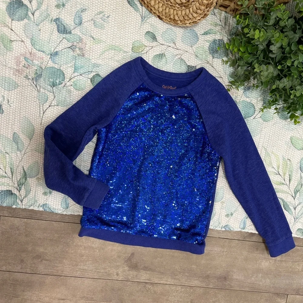 Cat & Jack Blue/Silver Sequin Girls Kids Sweatshirt Size Medium 7/8